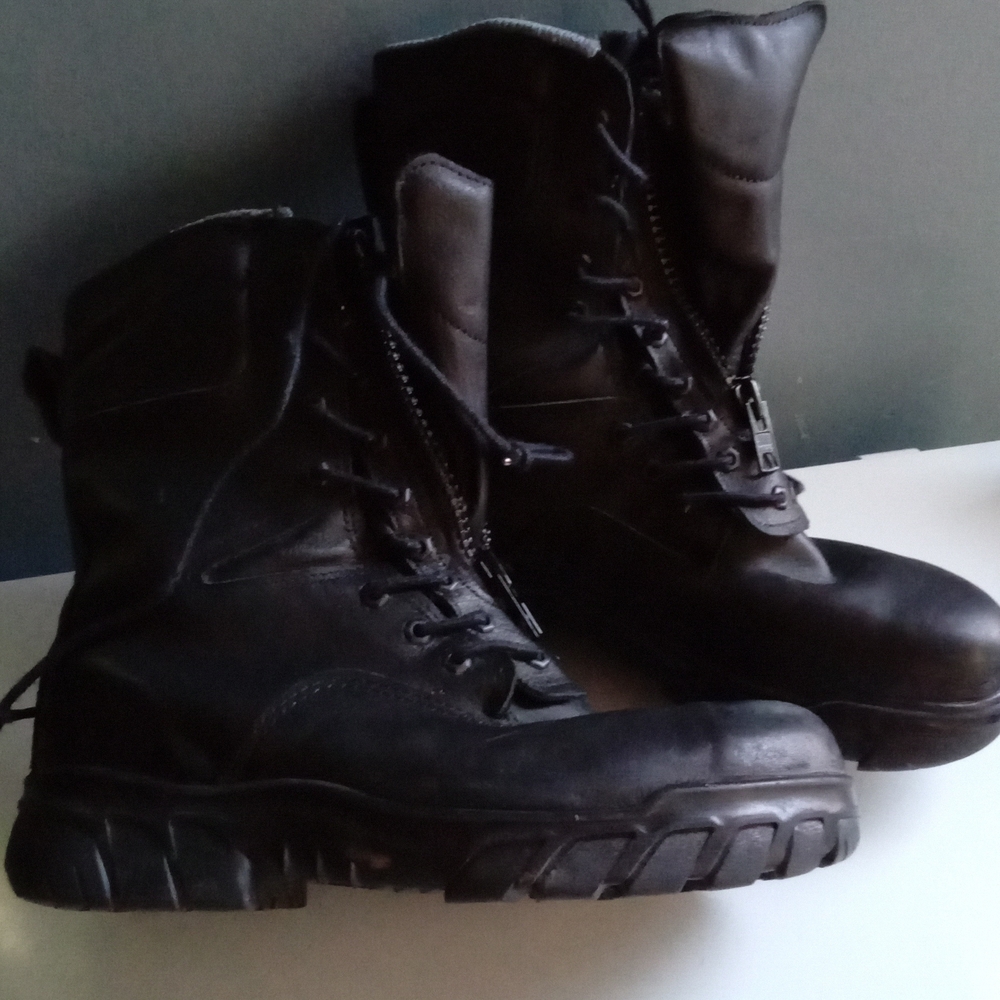 Black Leather Combat Boots Side Zip Lace Up Chunky Sole Work Military Style Mens